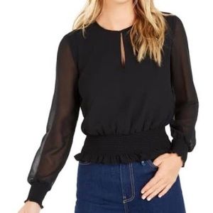Bar III x Becca Tilley Sheer-Sleeve Smocked-Waist Top Black Size XXSmall NWT